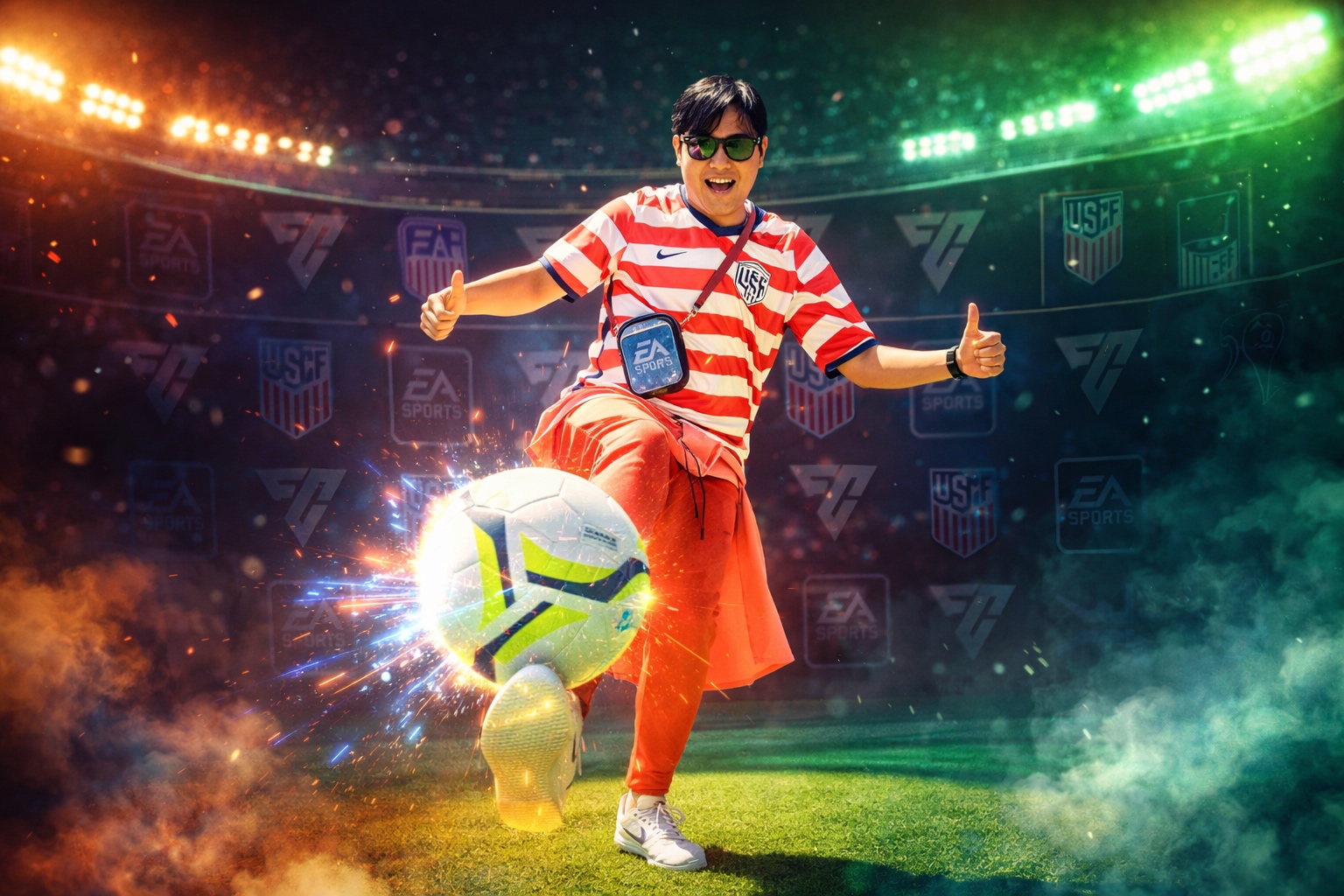 EA Sports FC26 campaign key art — USA fan in stadium with sparks flying off the ball.