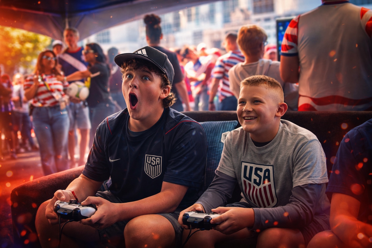 Young USA fans reacting at an EA Sports FC26 gaming activation.