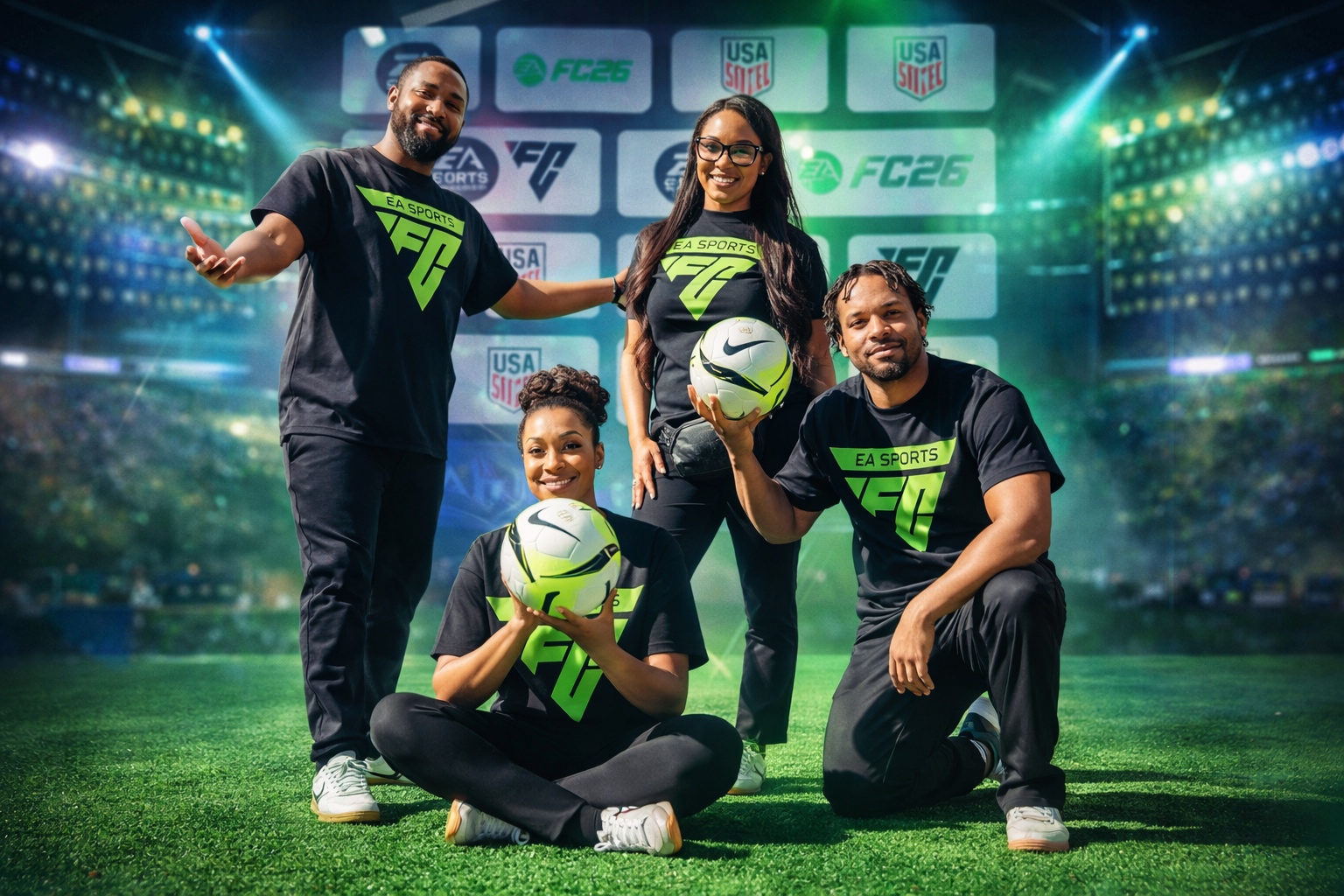 EA Sports FC team in branded apparel on a stadium pitch under green spotlight.