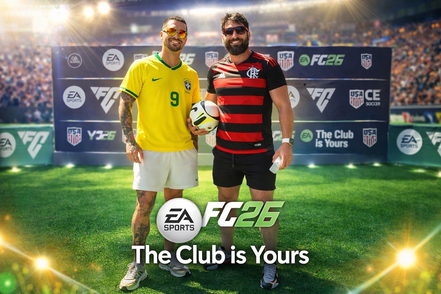 EA Sports FC26 'The Club is Yours' key art — two players in Brazil and Flamengo kits on stadium pitch.