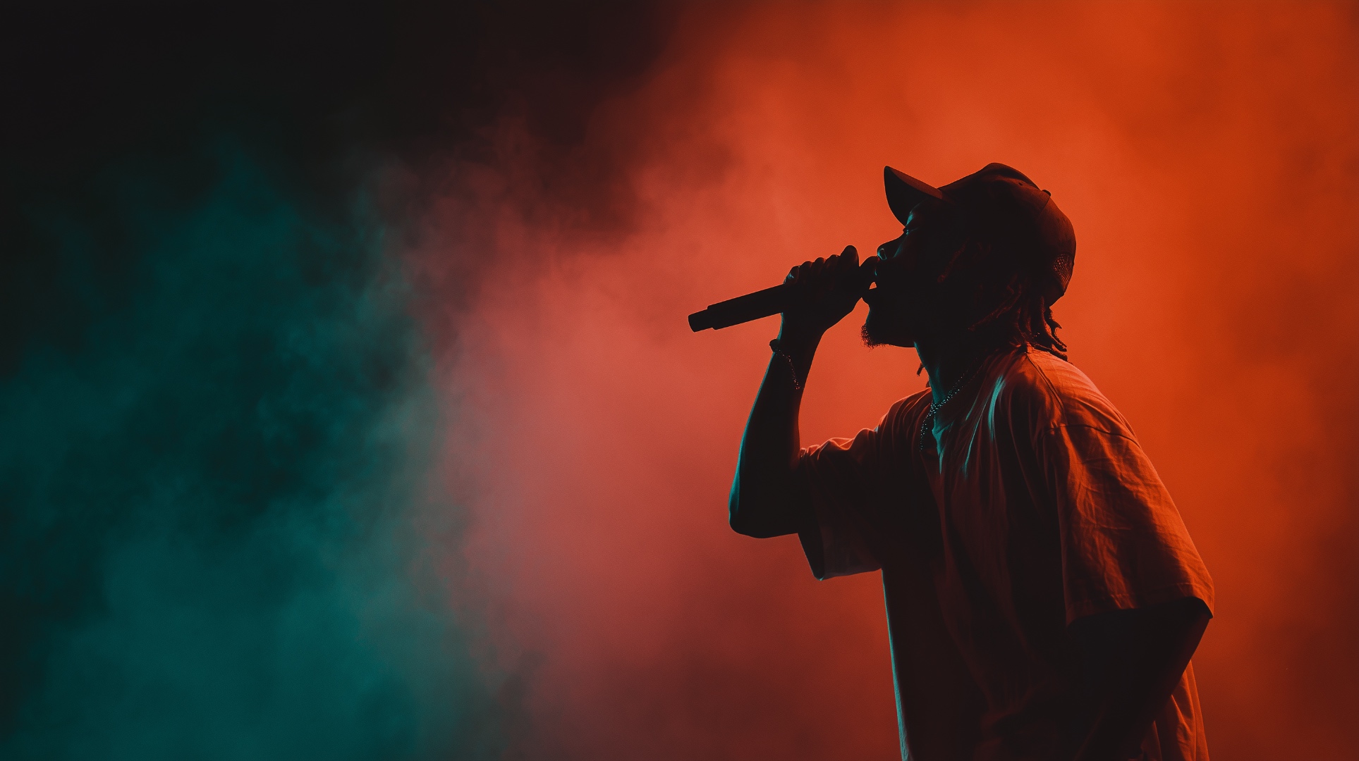 Silhouette of an artist performing on stage, backlit by orange and teal smoke.