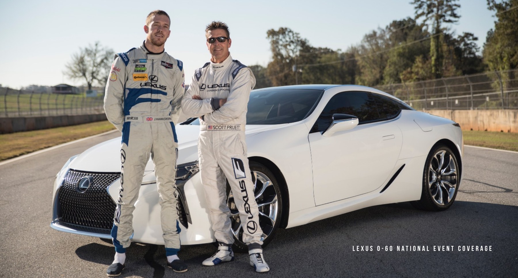 Lexus LC500 with professional drivers Scott Pruett and Jack Hawksworth at Atlanta Motorsports Park for the 0-60 campaign.