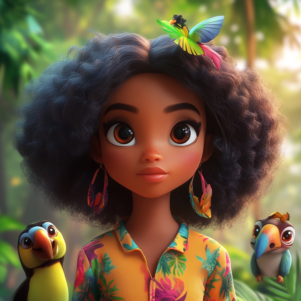 Animated portrait of a young girl with afro hair, flanked by colorful toucans — Arri, The Queen of Carnival.