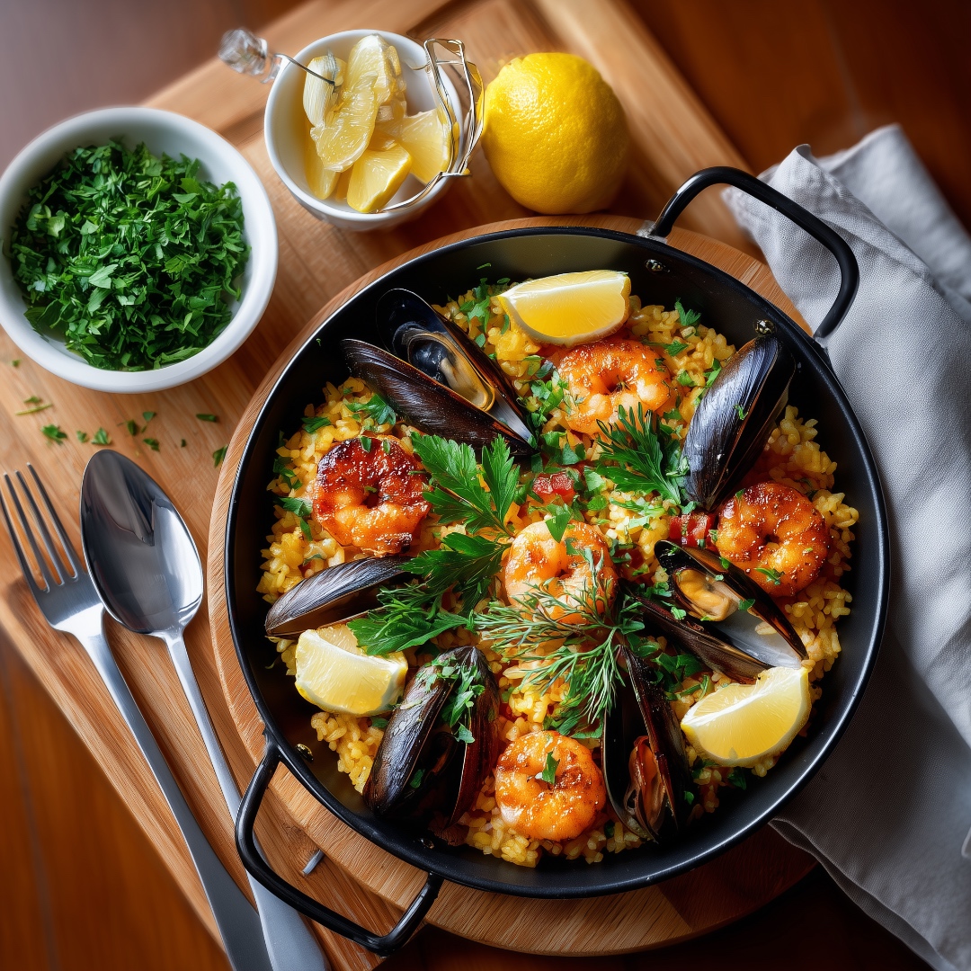 Caribbean-style seafood paella with shrimp, mussels, saffron rice and lemon — served on a wooden board.