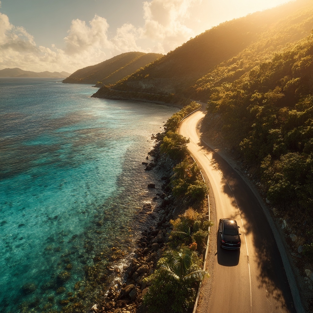 Aerial of a winding coastal road at golden hour in the U.S. Virgin Islands.