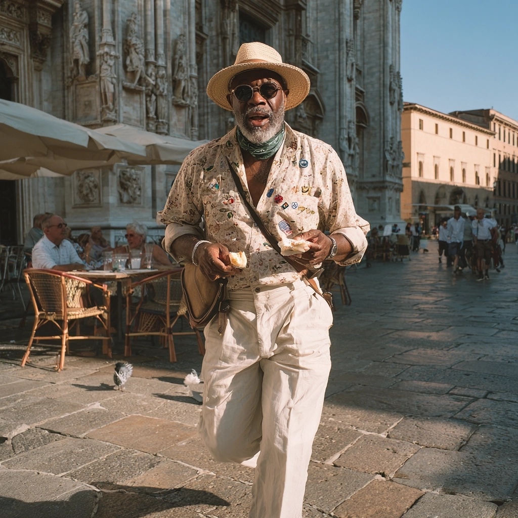An elder man in a straw hat walking through a European piazza.