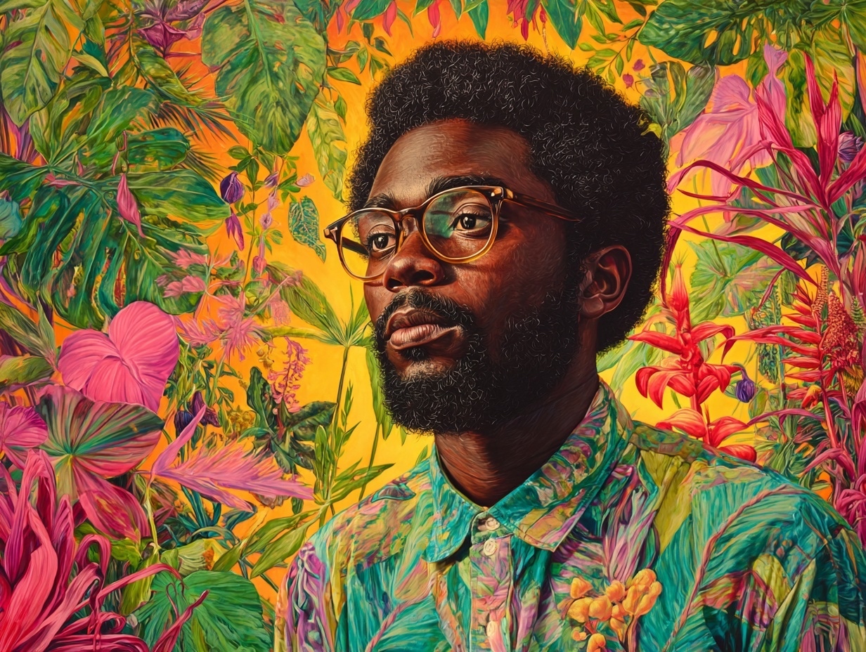 A vibrant painted portrait of a man surrounded by tropical flora.