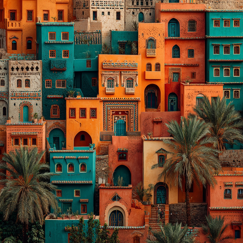 Sun-drenched mosaic of vibrant Caribbean village architecture in coral, teal and ochre, framed by palm fronds.
