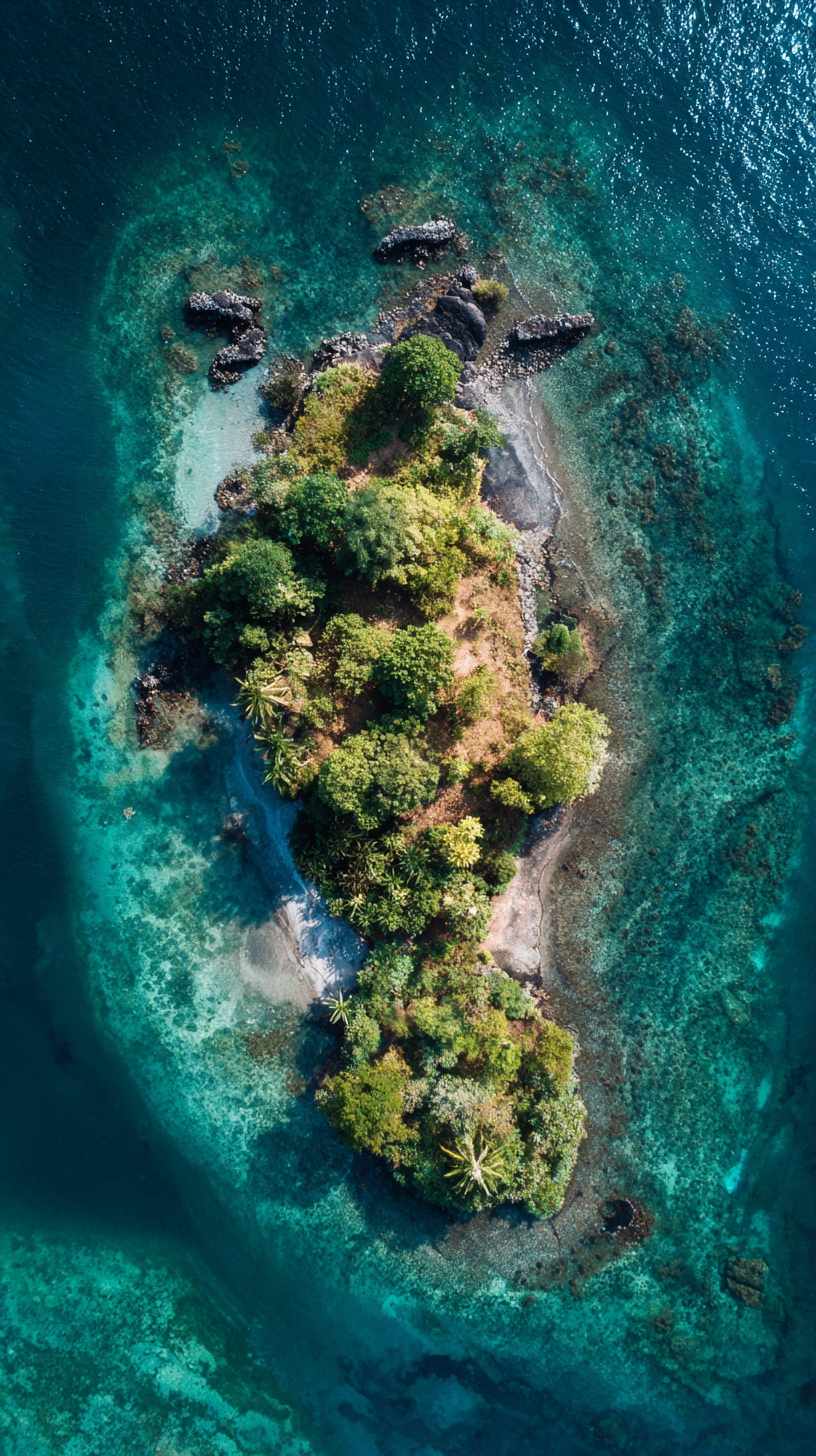 Top-down drone aerial of a small uninhabited Caribbean island surrounded by reef and deep blue water.