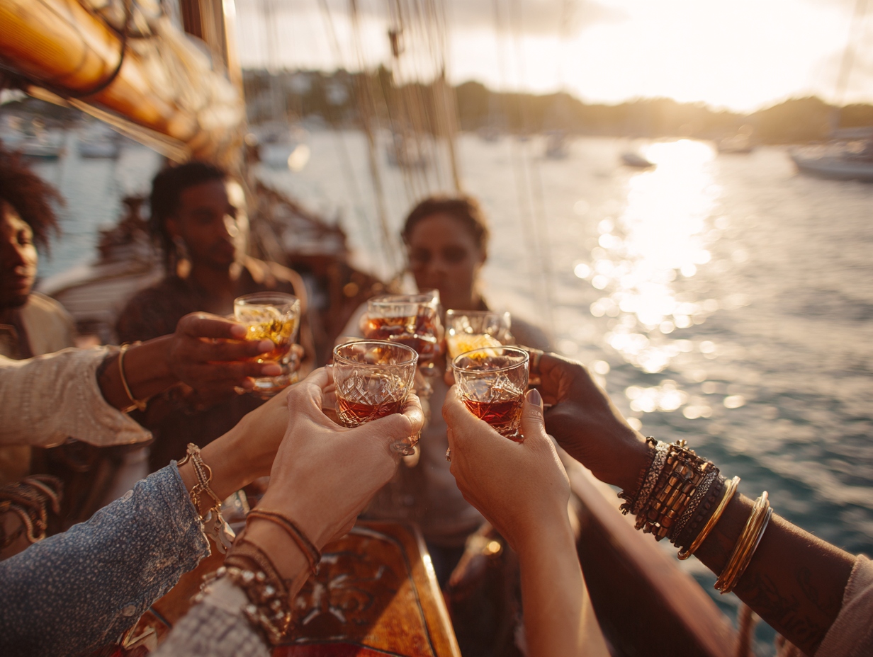 Friends toasting rum at golden hour aboard a sailboat in a Caribbean harbor.